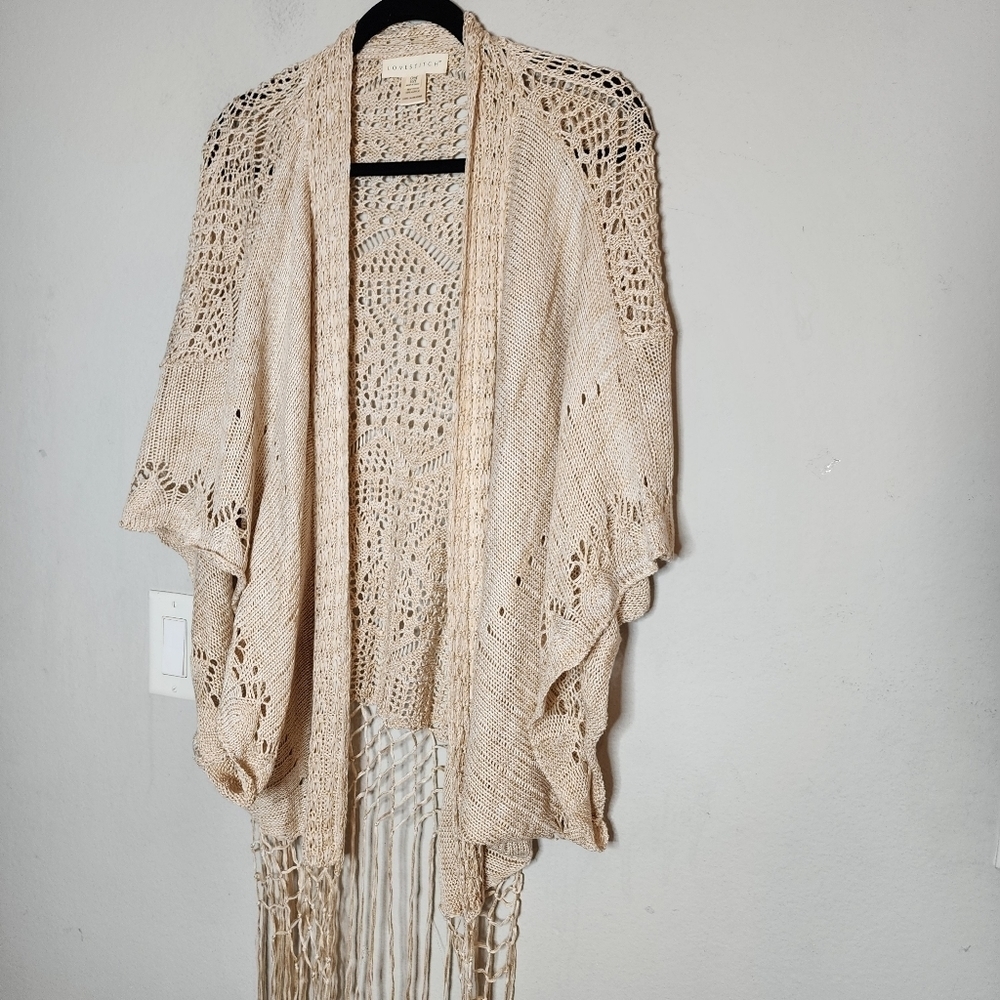 One Size Lovestitch Crochet Knit Fringe Kimono Beige Cream Boho Layering